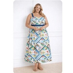 Talbots Modern Poplin Fit & Flare Dress 16W Summer Vista Midi Coastal Cruise